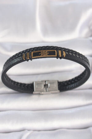 316L Çelik Gold Renk Gemi Dümeni Aksesuarlı Çift Sıra Burgu Desenli Deri Kordon Erkek Bileklik