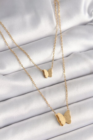 316L Çelik Gold Renk 2'Li Simli Kelebek Model Kadın Kolye