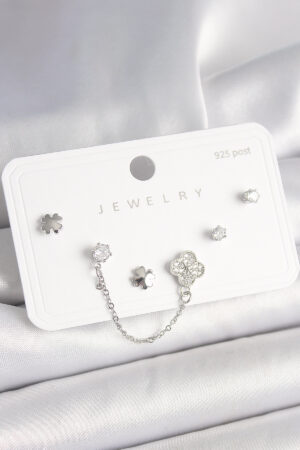 925 Ayar Gümüş Çivi Pirinç Gümüş Renk Zirkon Taşlı Yonca Model Sallantı Zincir Detay Kadın Küpe Seti