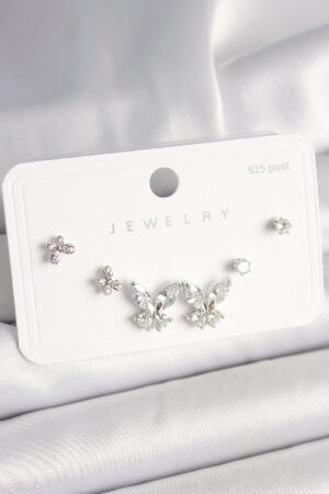 925 Ayar Gümüş Çivi Pirinç Zirkon Taşlı Kelebek Model Kadın Küpe Seti