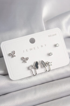 925 Ayar Gümüş Çivi Pirinç Gümüş Renk Zirkon Taşlı Kelebek Model Kadın Küpe Seti