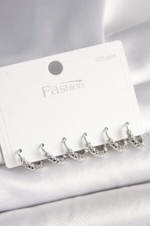 925 Ayar Gümüş Çivi Pirinç Gümüş Renk Kalp İşlemeli Halka Model Kadın Küpe Seti