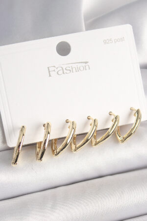 925 Ayar Gümüş Çivi Pirinç Gold Renk Üçgen Model Kadın Küpe Seti