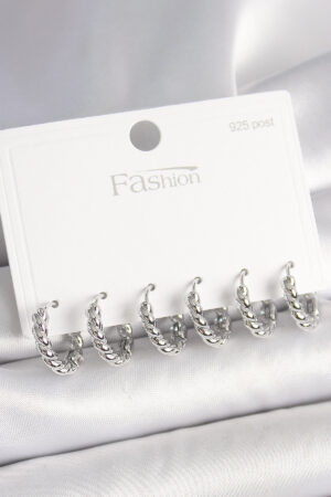 925 Ayar Gümüş Çivi Pirinç Gümüş Renk Sarmal Halka Model Kadın Küpe Seti