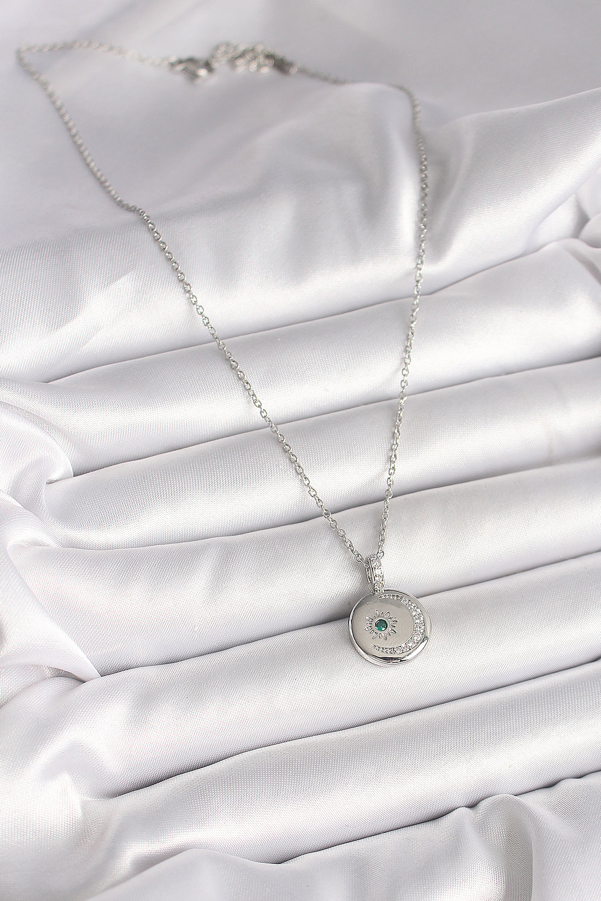 316L Çelik Gümüş Renk Zincir Madalyon Zirkon Taşlı İşlemeli Hilal Yıldız Model Kadın Kolye - Görsel 2