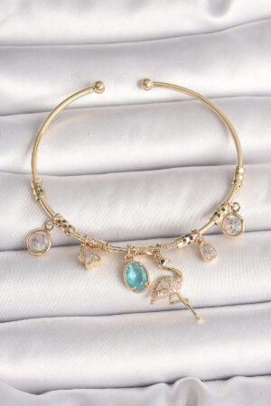 Pirinç Gold Renk Zirkon Taşlı Sallantı Filamingo Figür Charm Kadın Bileklik