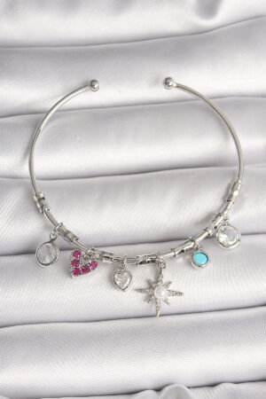 Pirinç Gümüş Renk Sallantı Zirkon Taşlı Kutup Yıldız Figür Kalp Detay Charm Kadın Bileklik