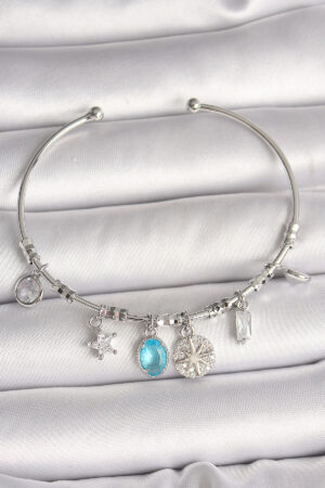 Pirinç Gümüş Renk Sallantı Pusula Figür Kalp Detay Charm Kadın Bileklik