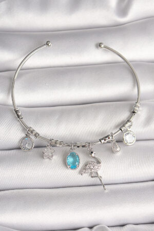 Pirinç Gümüş Renk Sallantı Zirkon Taşlı Filaminga Figür Charm Kadın Bileklik