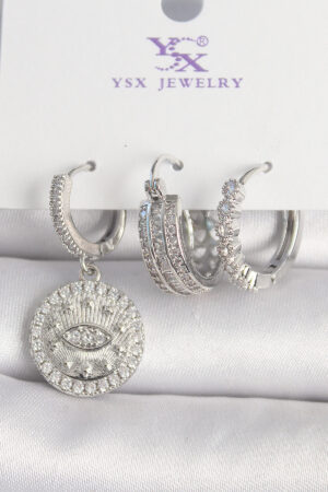 Pirinç Gümüş Renk Zirkon Taşlı Göz İşlemeli Halka Model 3'Lü Kadın Kombin Küpe