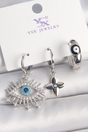 Pirinç Gümüş Renk Zirkon Taşlı Göz Model Nazar Boncuk Detay 3'Lü Kadın Kombin Küpe