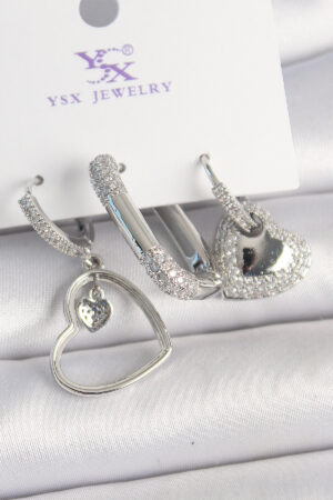 Pirinç Gümüş Renk Sallantı Zirkon Taşlı Kalp Model 3'Lü Kadın Kombin Küpe