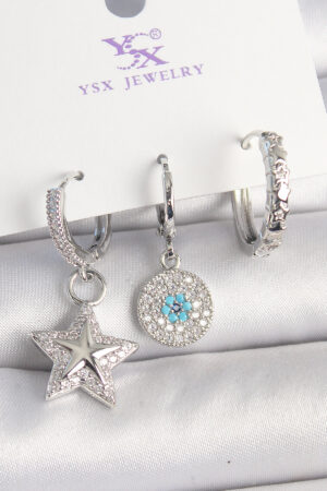 Pirinç Gold Renk Zirkon Taşlı Yıldız Model Nazar Boncuk Detay 3'Lü Kadın Kombin Küpe