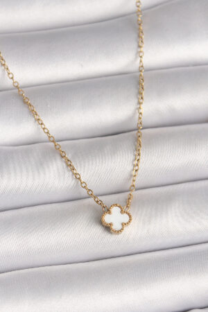 316L Çelik Gold Renk Beyaz Yonca Model Kadın Kolye