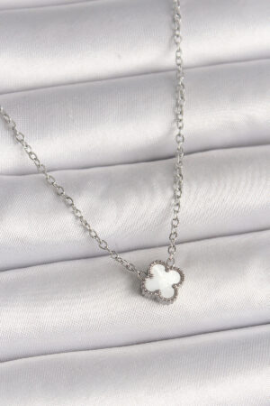 316L Çelik Gümüş Renk Beyaz Yonca Model Kadın Kolye