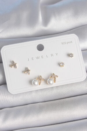 Pirinç Gold Renk Zirkon Taşlı Kelebek Model İnci Detay 925 Ayar Gümüş Çivi Kadın Küpe Seti