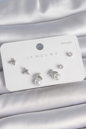 Pirinç Gümüş Renk Zirkon Taşlı Kelebek Model İnci Detay 925 Ayar Gümüş Çivi Kadın Küpe Seti