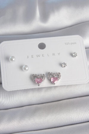 Pirinç Gümüş Renk Pembe Zirkon Taşlı Kalp Model İnci Detay 925 Ayar Gümüş Çivi Kadın Küpe Seti