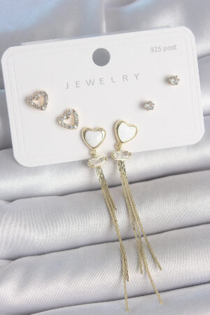 Pirinç Gold Renk Beyaz Mineli Sallantı Mineli Kalp Model Zirkon Taş Detaylı 925 Ayar Gümüş Çivi Kadın Küpe Seti