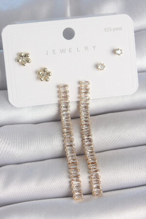 Pirinç Gold Renk Su Yolu Zirkon Taşlı Sallantı Model Çiçek Detay 925 Ayar Gümüş Çivi Kadın Küpe Seti