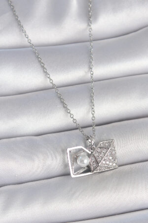 316L Çelik Gümüş Renk Zincir Zirkon Taşlı İncili Açılır Elmas Model Kadın Kolye