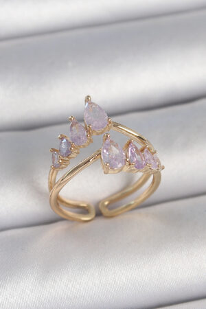 Pirinç Gold Renk Mor Damla Zirkon Taşlı Taç Model Kadın Yüzük