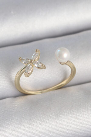 Pirinç Gold Renk Zirkon Taşlı Çiçek Model İnci Detay Ayarlanabilir Kadın Yüzük