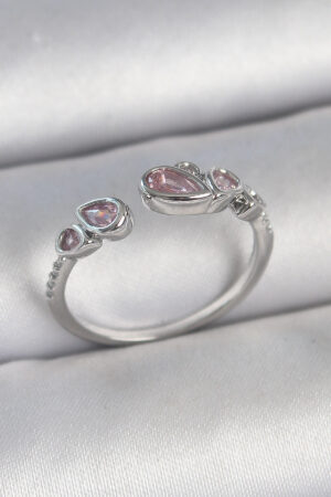 Pirinç Gümüş Renk Pembe Damla Zirkon Taşlı Ayarlanabilir Model Kadın Yüzük