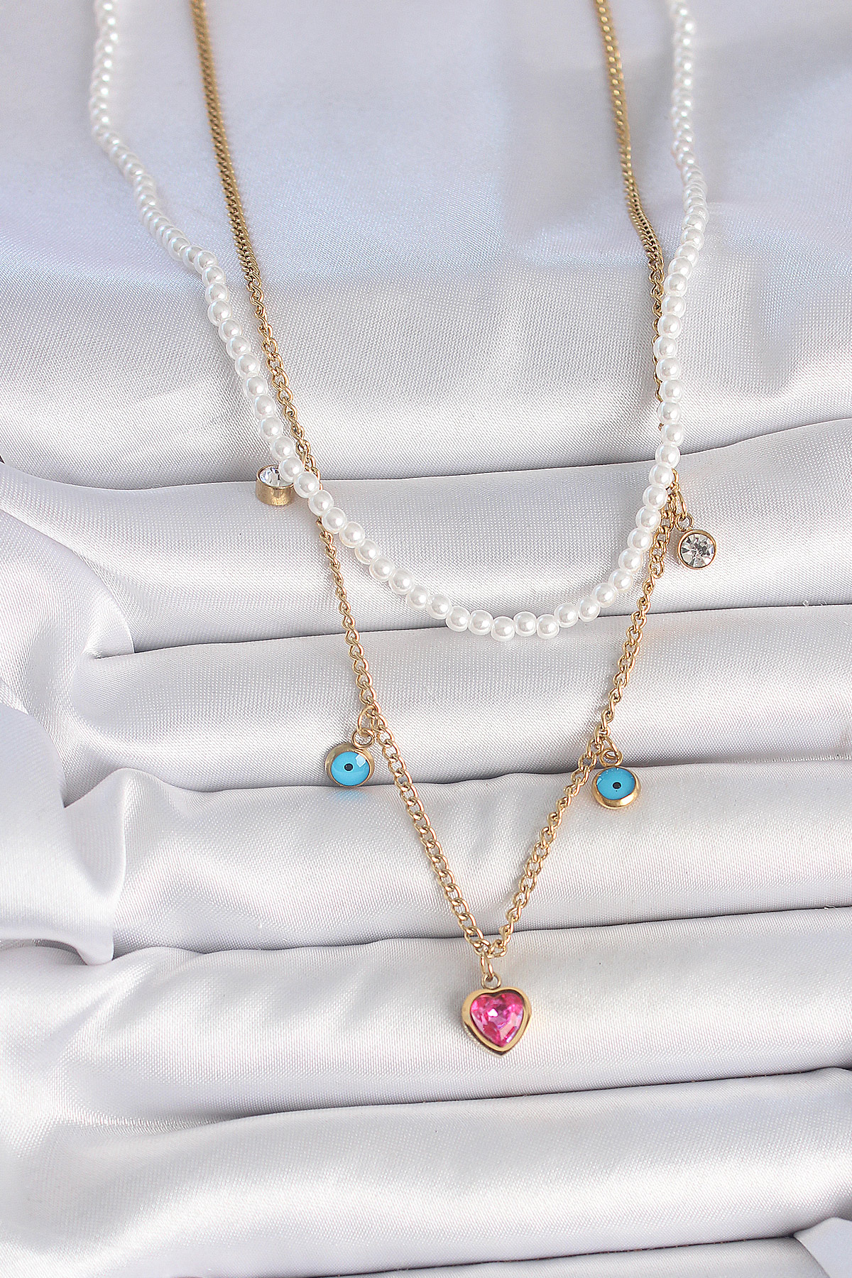 316L Çelik Gold Renk 2'Li İnci Zincir Model Pembe Taşlı Kalp Figür Nazar Boncuk Detay Kadın Kolye - Görsel 2