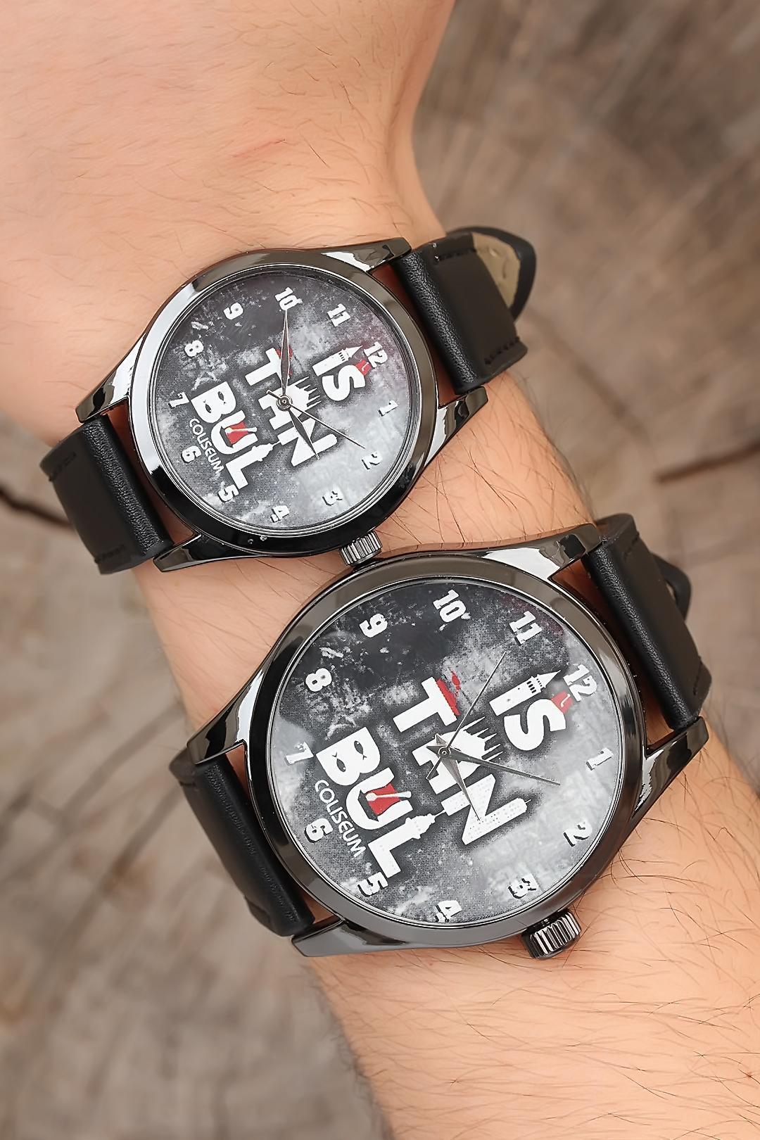 Siyah Renk Deri Kordonlu İstanbul Tasarımlı Sevgili Saatleri - Görsel 3