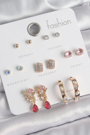 Pirinç Gold Renk Zirkon Taşlı Çiçek Figür İncili Halka Figür 7 Çift Kadın Küpe Seti