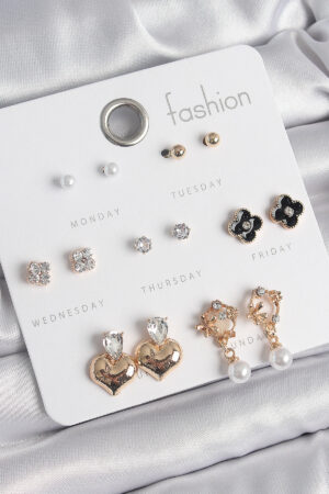 Pirinç Gold Renk Zirkon Taşlı Kalp Figür Siyah Yonca Detay 7 Çift Kadın Küpe Seti