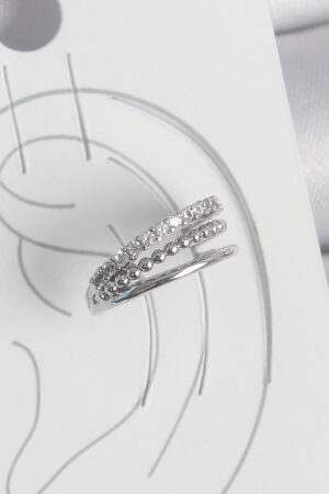 Pirinç Gümüş Renk Zirkon Taşlı 3'Lü Sıralı Model Kadın Kıkırdak Küpe