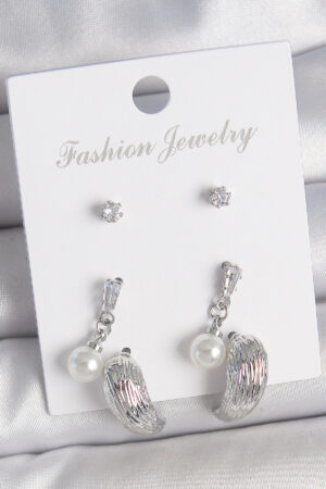 Pirinç Gümüş Renk Sallantılı Zirkon Taşlı Damla Model 3 Çift Kadın Küpe Seti