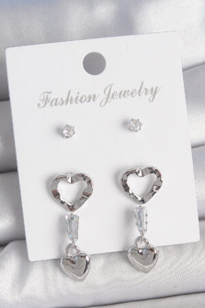 Pirinç Gümüş Renk Zirkon Taş Detaylı Sallantı Model 2 Çift Kadın Küpe Seti