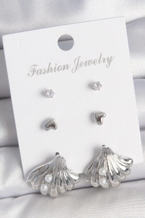 Pirinç Gümüş Renk Zirkon Taş Detaylı İnci Detaylı Deniz Kabuğu Model 3 Çift Kadın Küpe