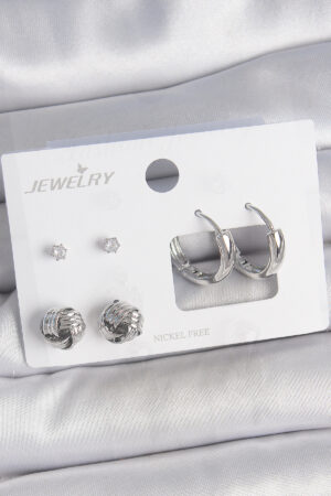 Pirinç Gümüş Renk Zirkon Taşlı Halka Model 3 Çift Kadın Küpe Seti