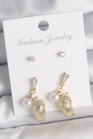 Pirinç Gold Renk Zirkon Taşlı İncili Sallantılı İşlemeli Damla Model 3 Çift Kadın Küpe Seti