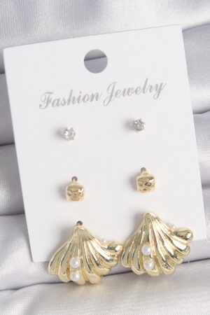 Pirinç Gold Renk Zirkon Taşlı İnci Detaylı Deniz Kabuğu Model 3 Çift Kadın Küpe Seti