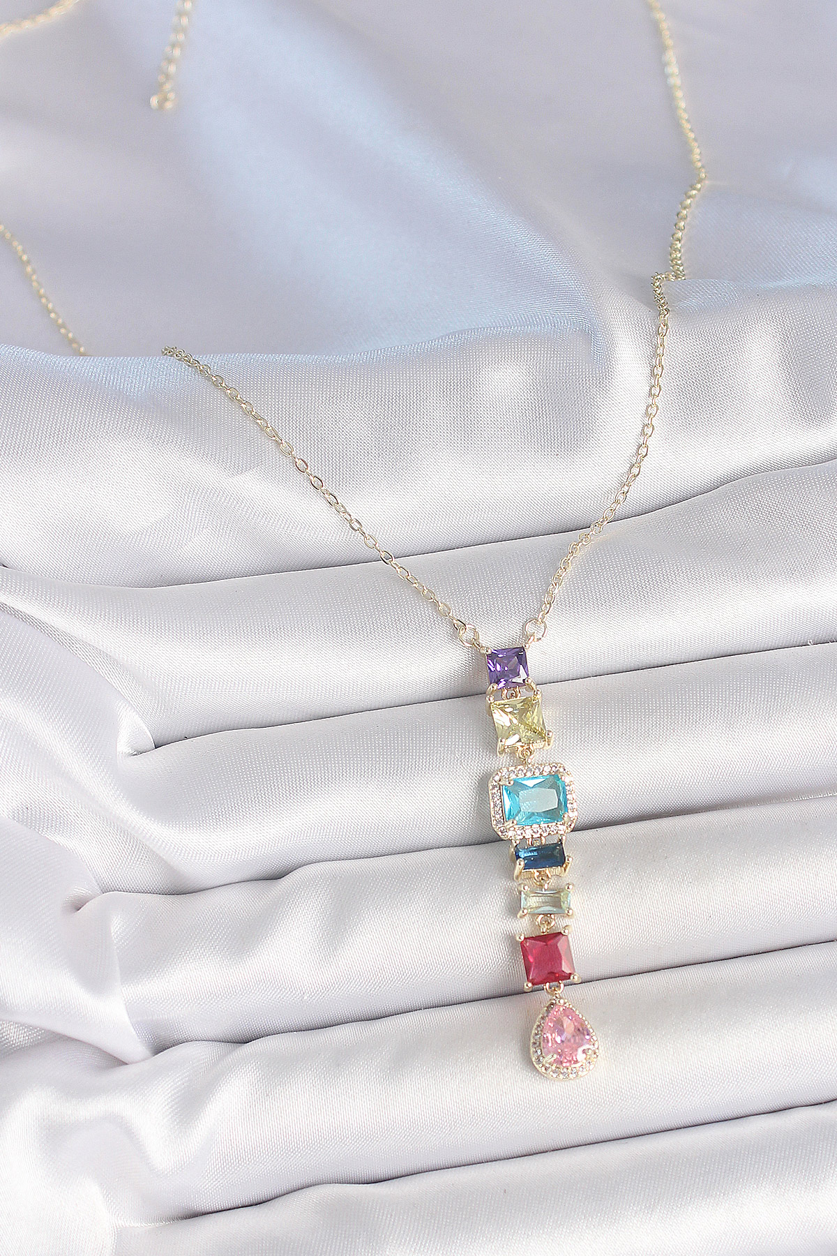 Gold Karışık Renk Zirkon Taşlı Y Pirinç Kolye - Görsel 2