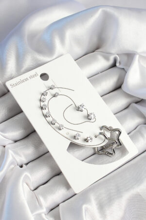 316L Çelik Yıldız Figürlü Ve Zirkon Taşlı Gümüş Renk 7'li Çift Kadın Küpe Set