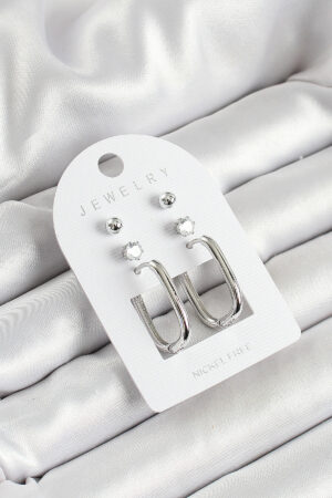 Pirinç Zirkon Taş Ve Dikdörtgen Figürlü Gümüş Renk 3'lü Çift Kadın Küpe Set