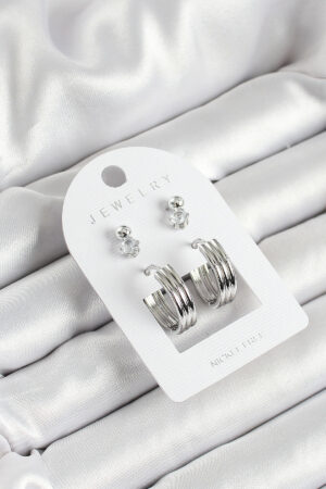 Pirinç Zirkon Taş Ve Halka Figürlü Gümüş Renk 3'lü Çift Kadın Küpe Set