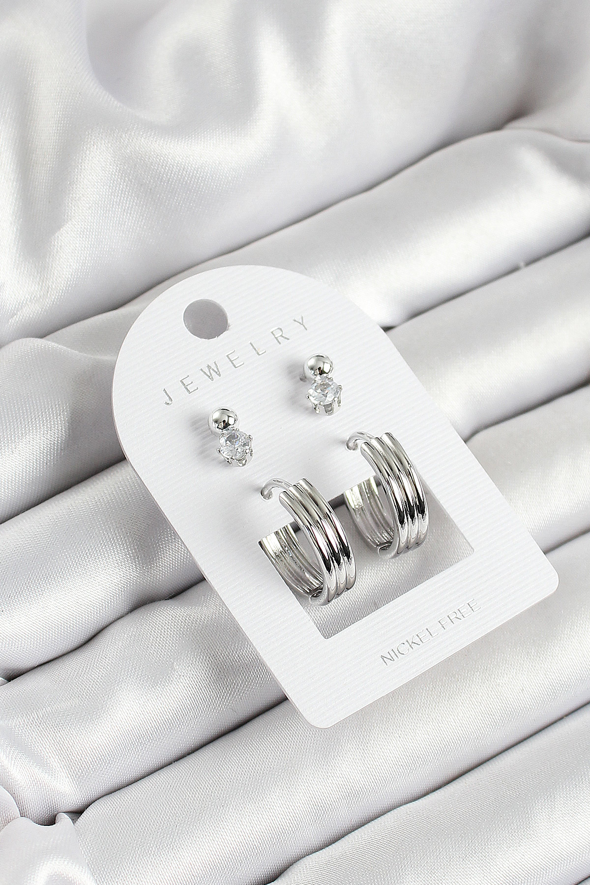 Pirinç Zirkon Taş Ve Halka Figürlü Gümüş Renk 3'lü Çift Kadın Küpe Set