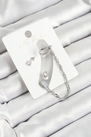 Pirinç Ok Figürlü Zirkon Taşlı Gümüş Renk 3'lü Kıkırdak Kadın Küpe Set