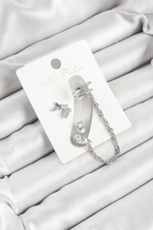 Pirinç Kelebek Figürlü Zirkon Taşlı Gümüş Renk 3'lü Kıkırdak Kadın Küpe Set