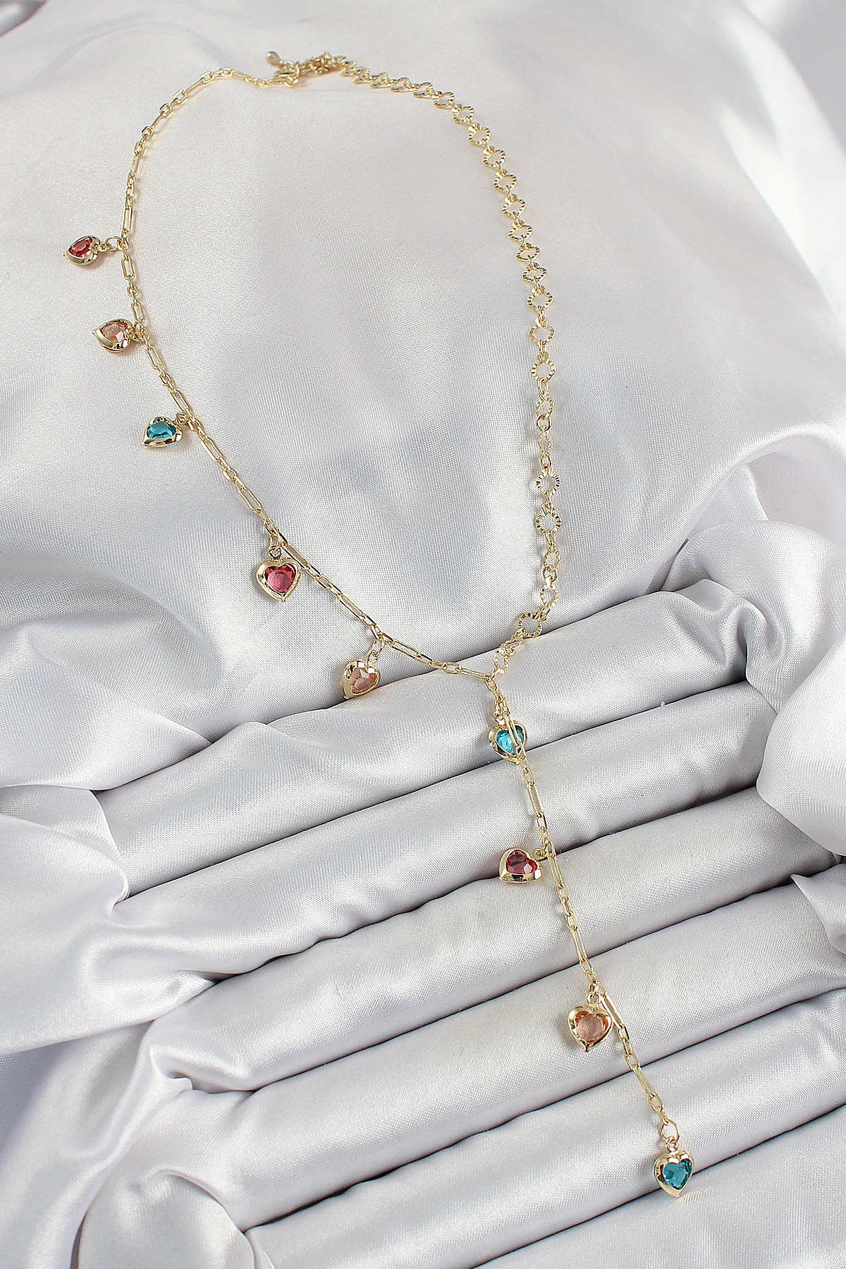 Pirinç Asorti Kalp Model Gold Renk Zirkon Taşlı Y Kolye - Görsel 2