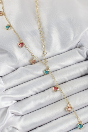 Pirinç Asorti Kalp Model Gold Renk Zirkon Taşlı Y Kolye