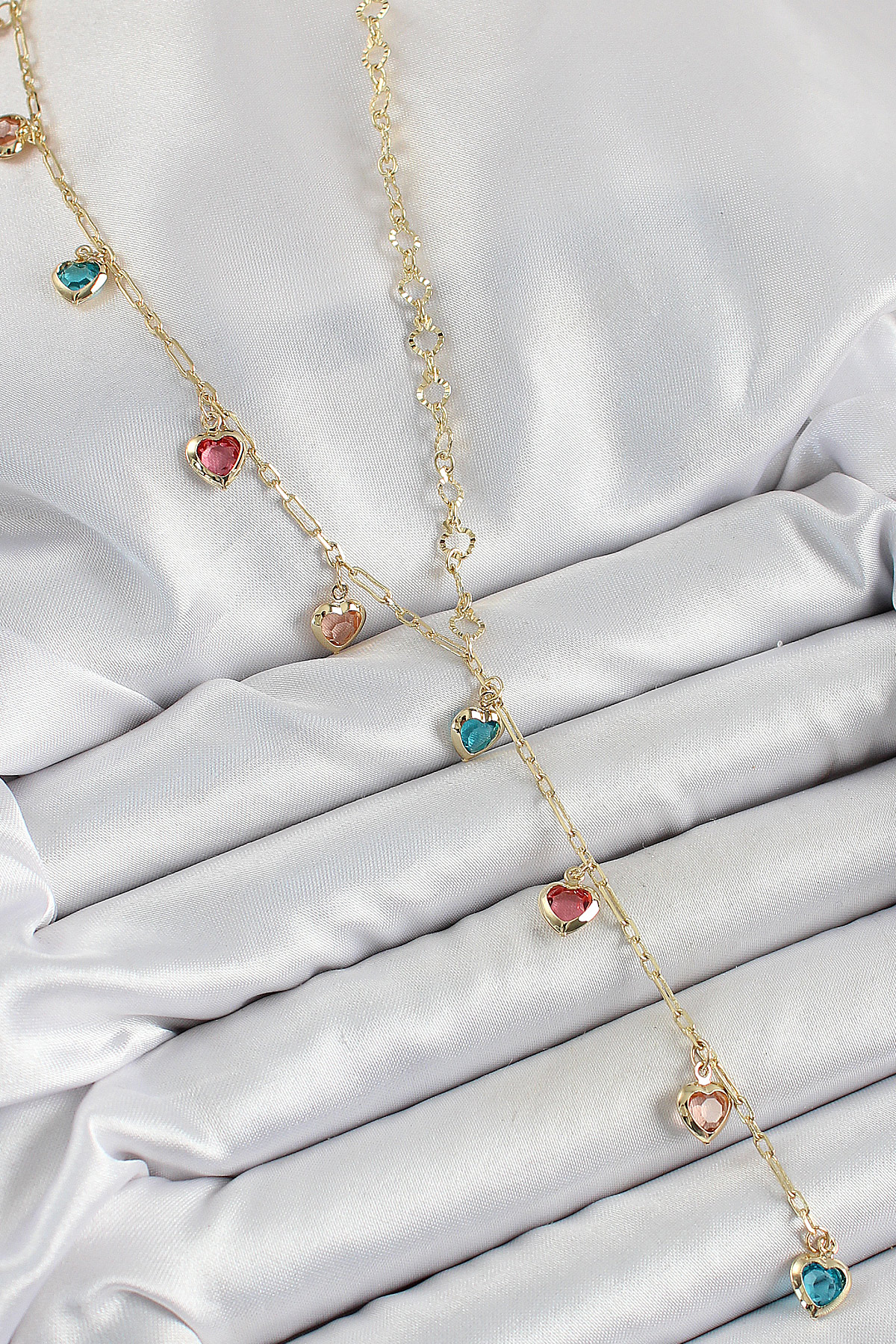 Pirinç Asorti Kalp Model Gold Renk Zirkon Taşlı Y Kolye