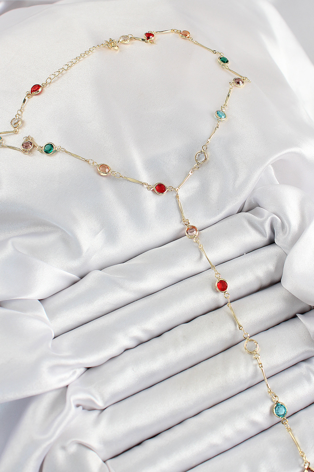 Pirinç Asorti Model Gold Renk Zirkon Taşlı Y Kolye - Görsel 2